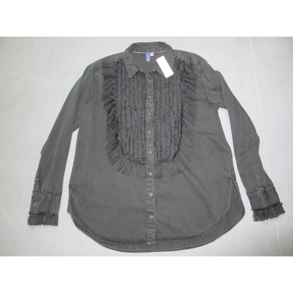 Anthropologie Pilcro Blouse Top Women's Small Black Ruffle Front Button Down